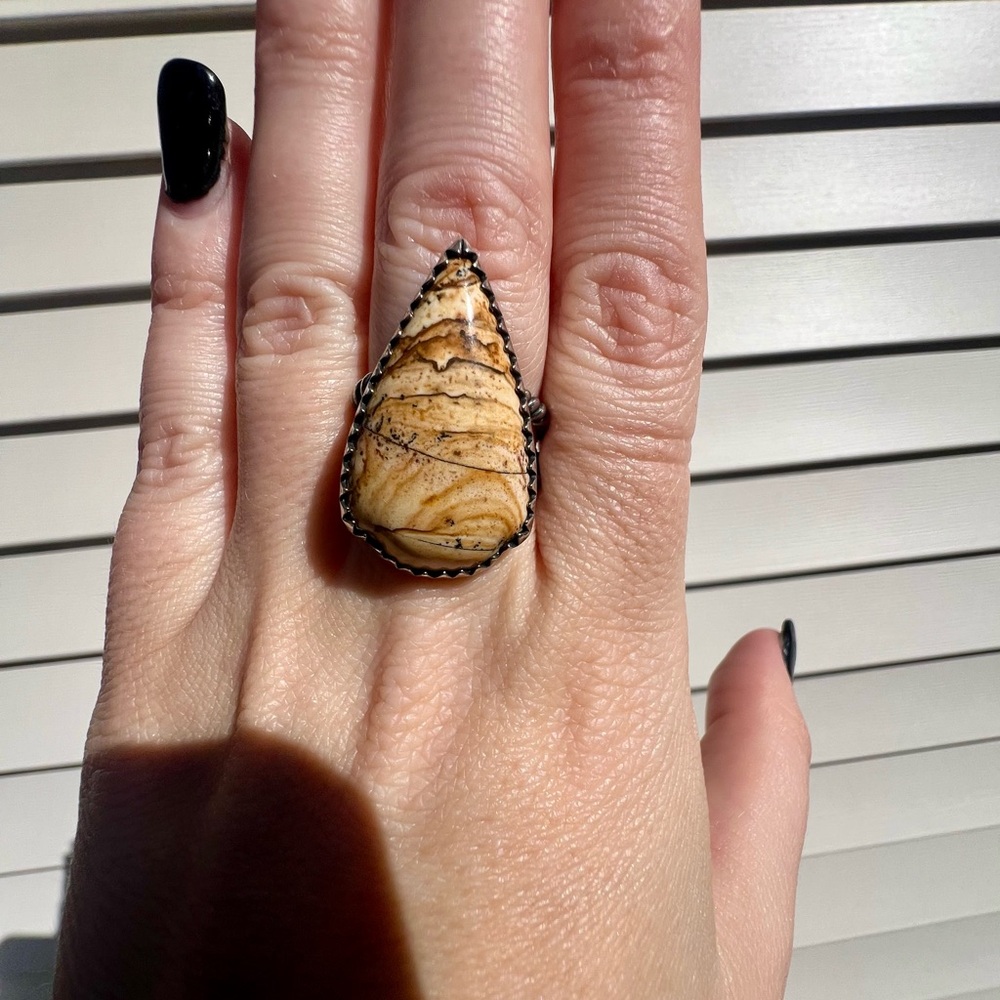 Estate Sterling Silver Western Jasper Pear Ring w/ Twist Band Size 7.5